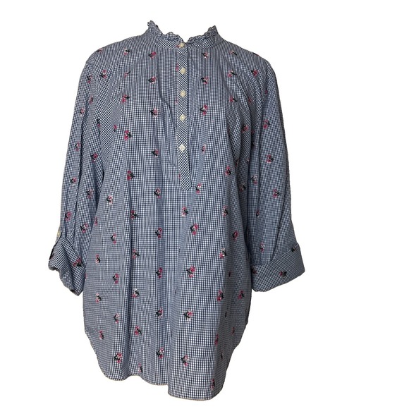 Talbots Tops - Talbots Shirt Womens L Blue Gingham Embroidered Floral Long Sleeve roll tab Top